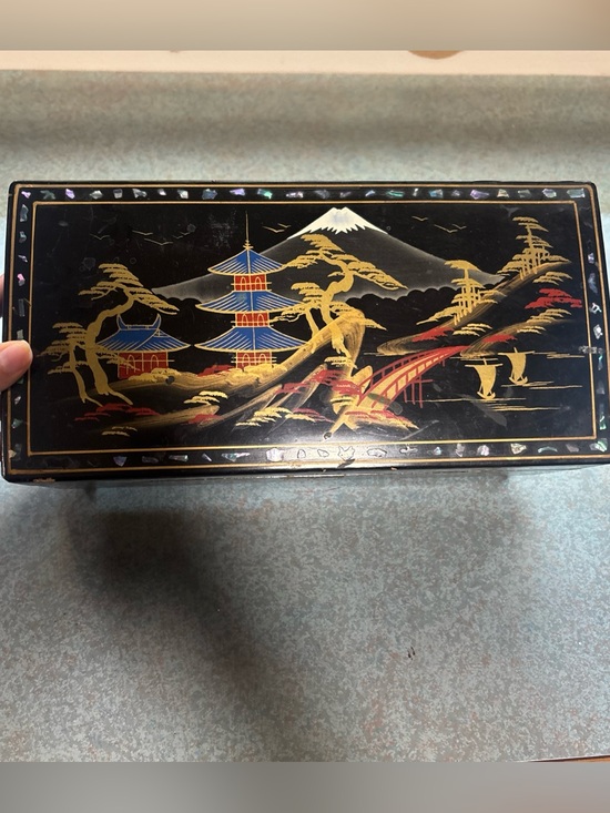 Other - Black Lacquered Japanese Scenic Jewelry Box with Gold & Red Detail